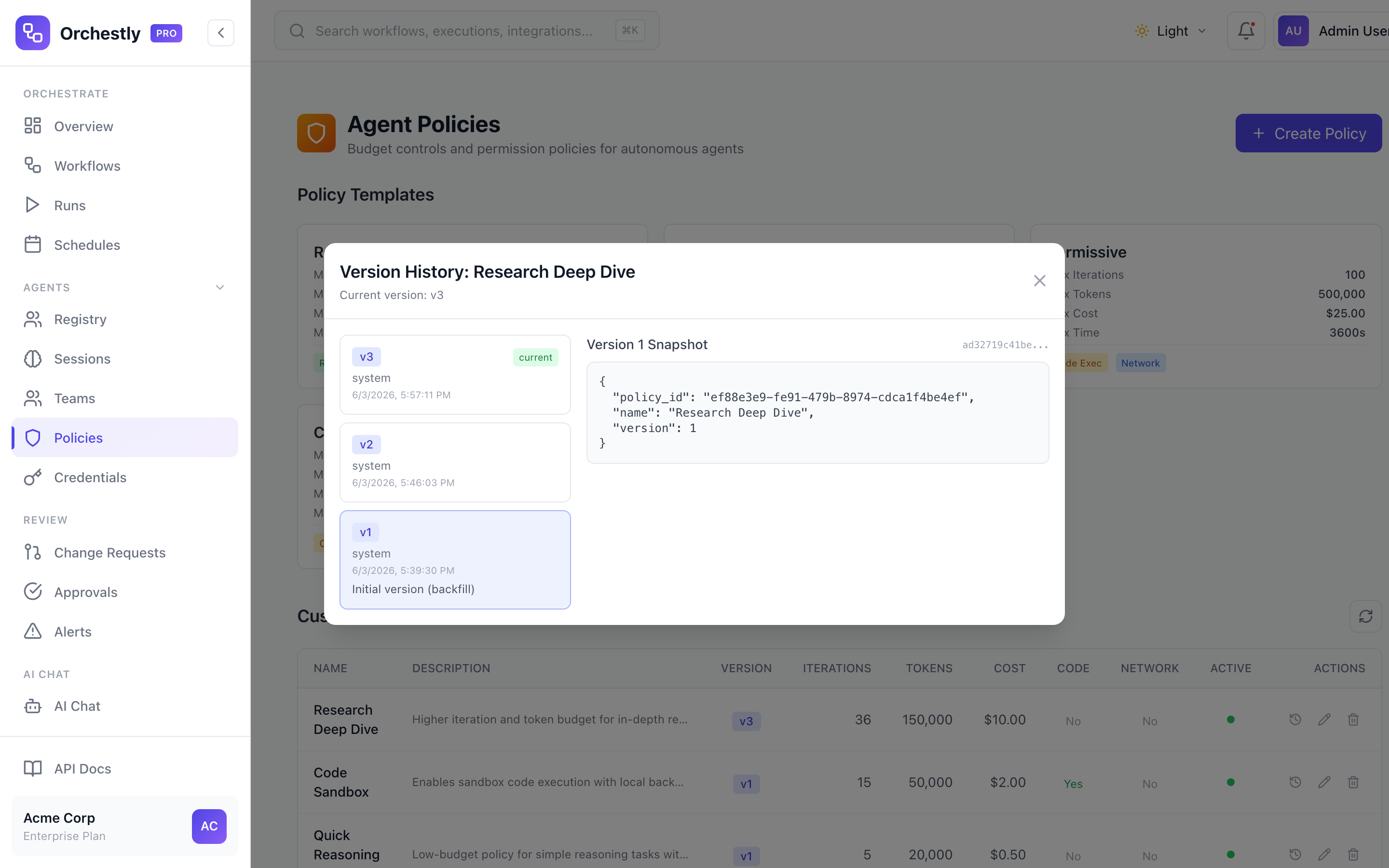 Version-tracked policies with full audit trail