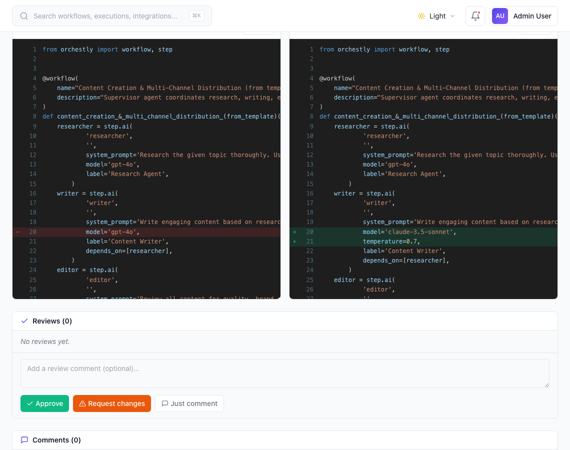 Code diff - review changes as Python, TypeScript, or Java