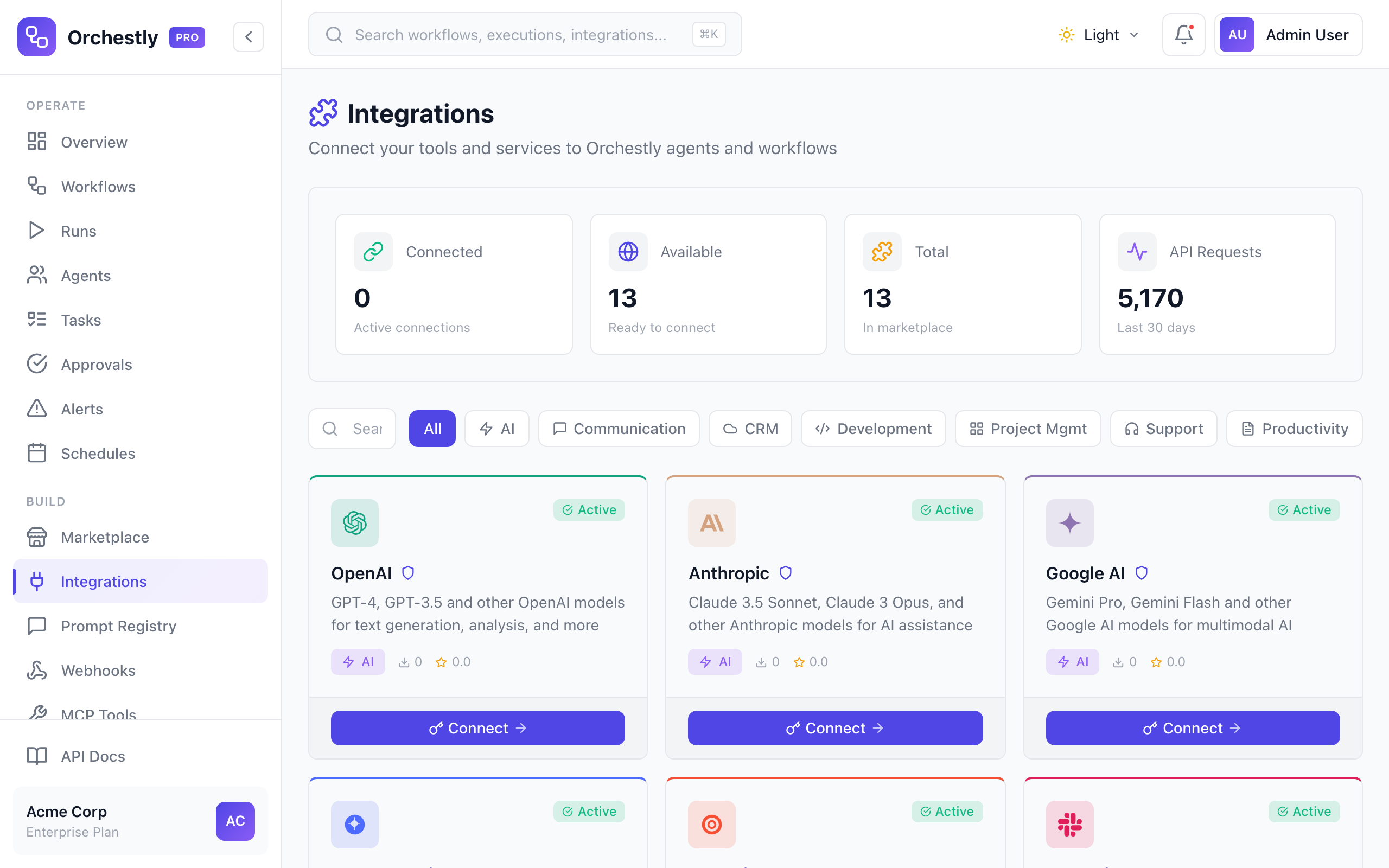 Orchestly Integrations page showing OpenAI, Anthropic, and Google AI connectors