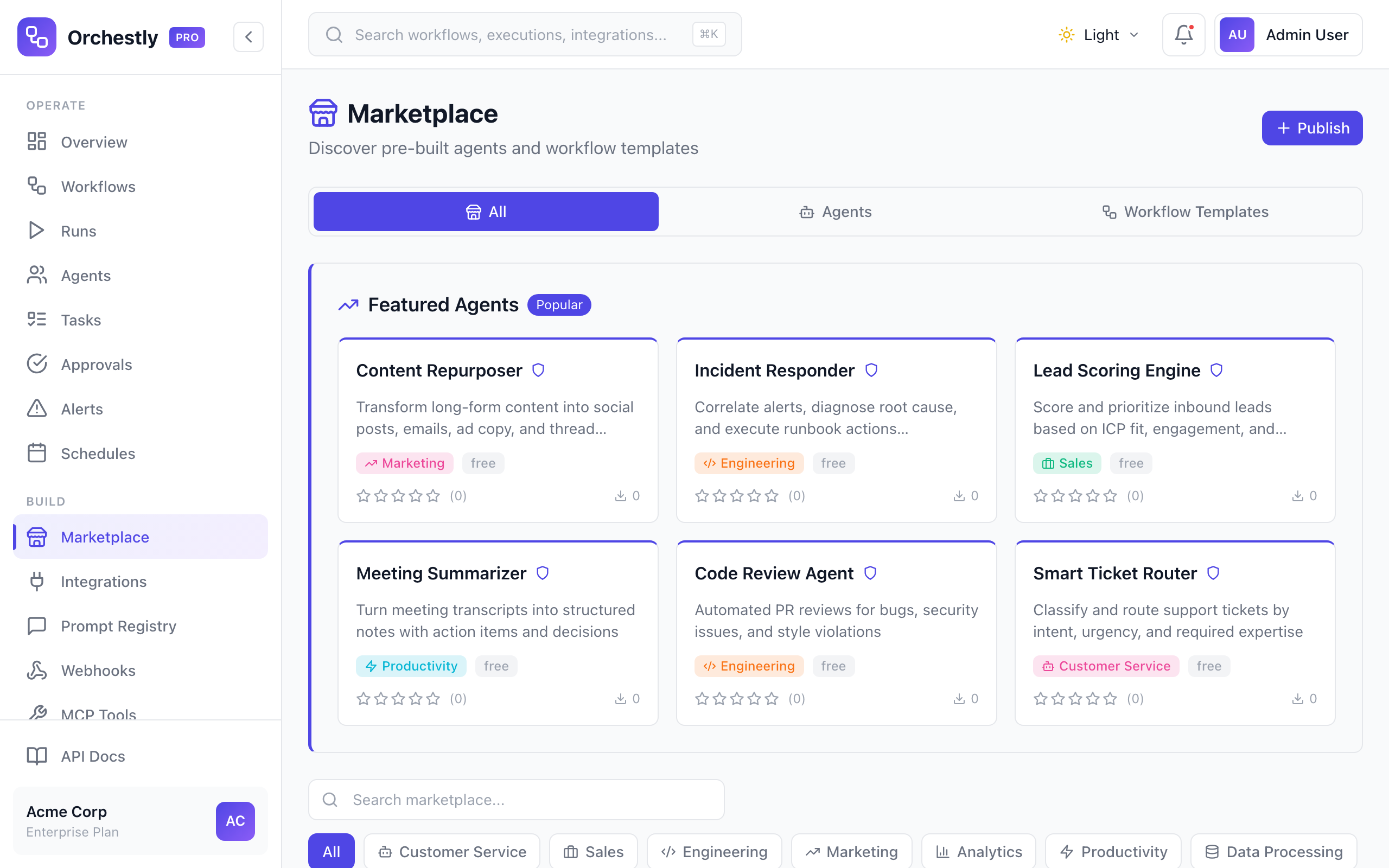 Orchestly Marketplace with featured agents and workflow templates