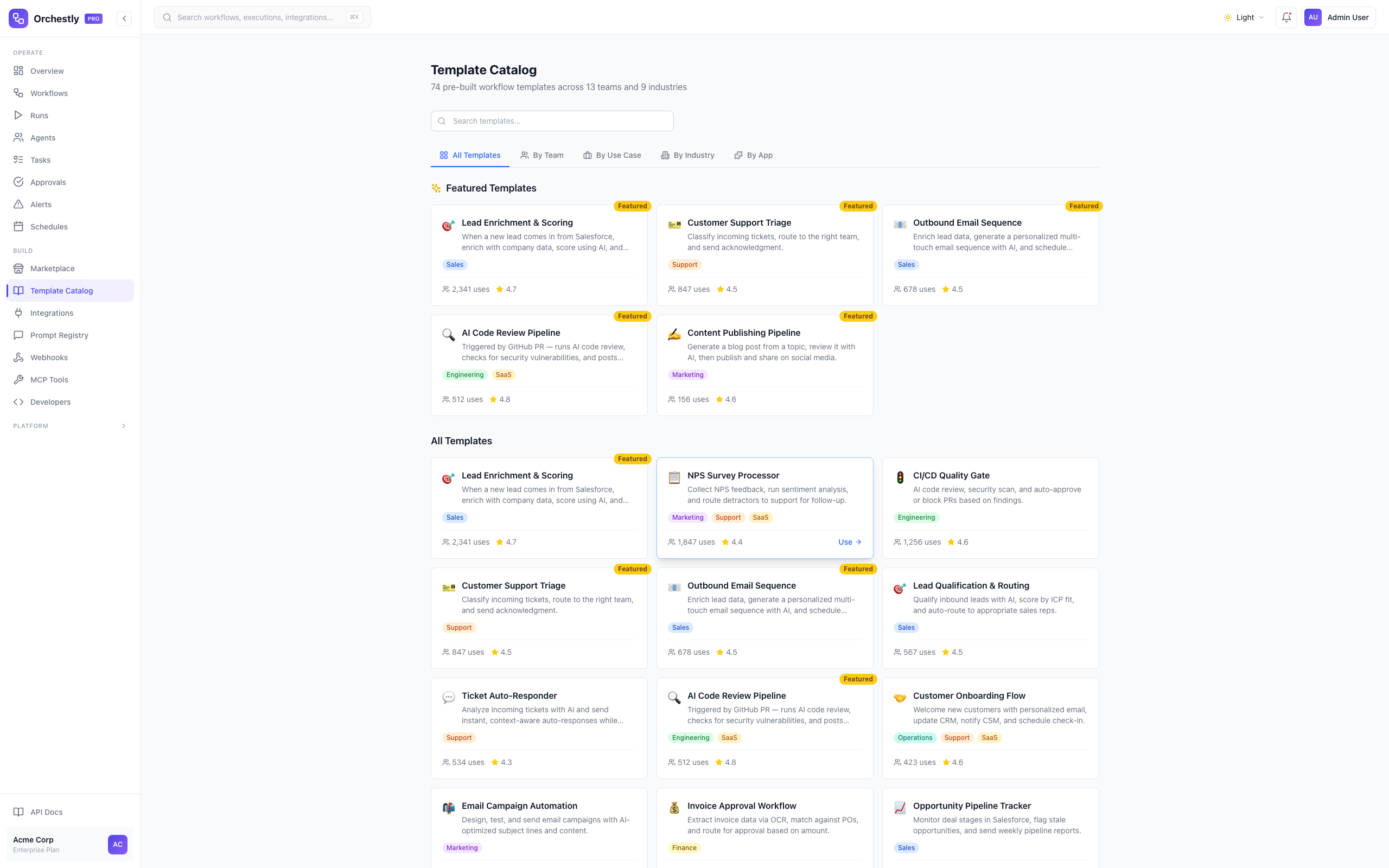 Orchestly Template Catalog with 60+ workflow templates organized by category