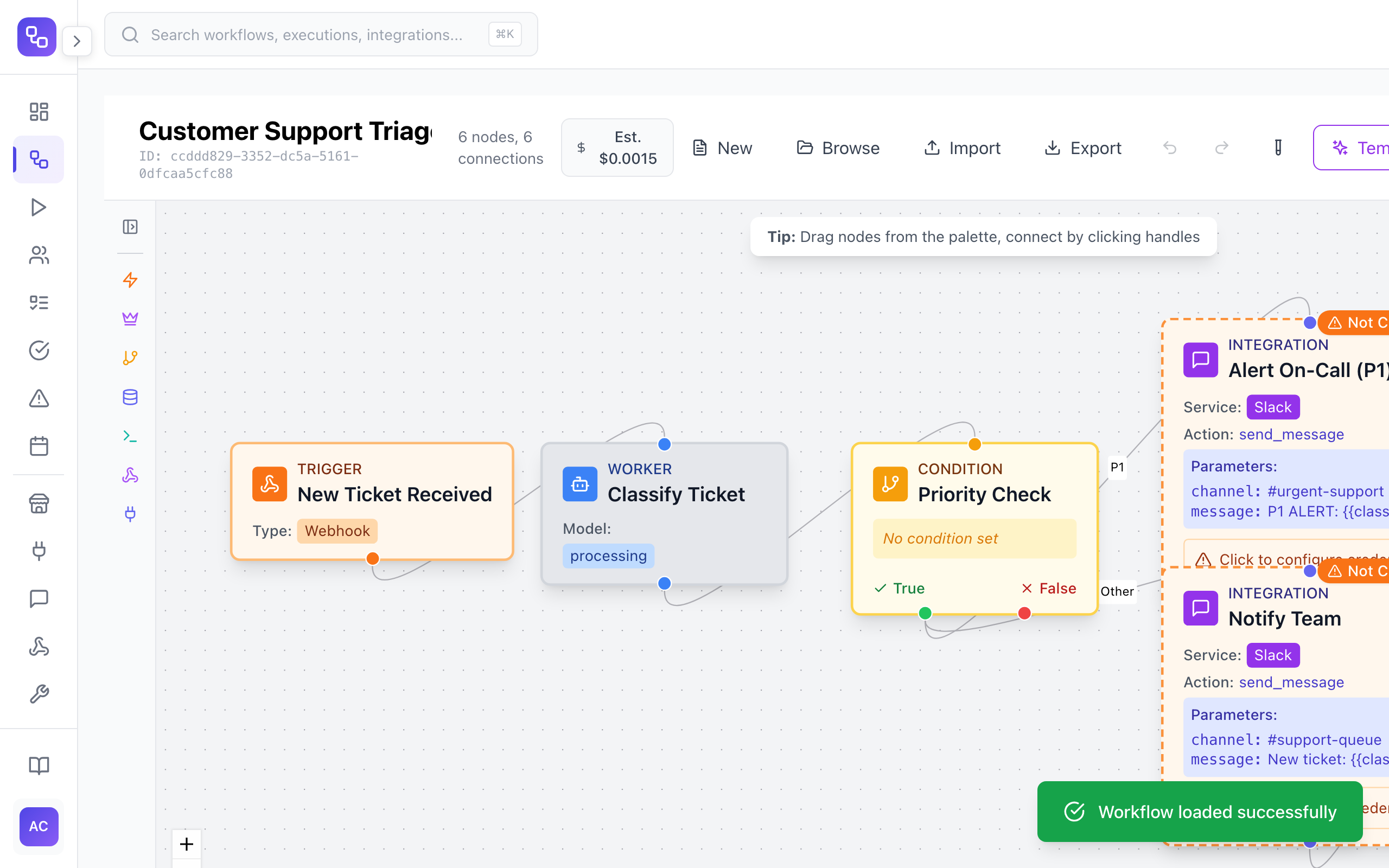 Orchestly Workflow Designer with trigger, worker, condition, and integration nodes